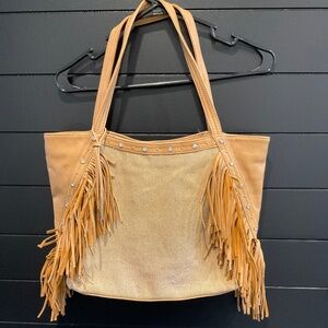 Fringed CARLOS SANTANA DIMOND BAG WITH RHINESTONES, CUTE! Tan